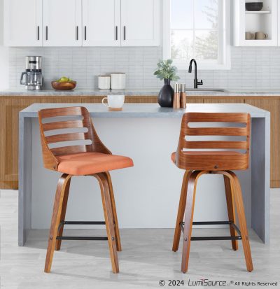 Trevi Walnut Wood Orange Fabric Mid-Century Counter Stools (Set of 2)