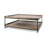Trey 48x46 Rectangular Brown Solid Wood Top Table Black Metal Frame Two-Tier Coffee Table