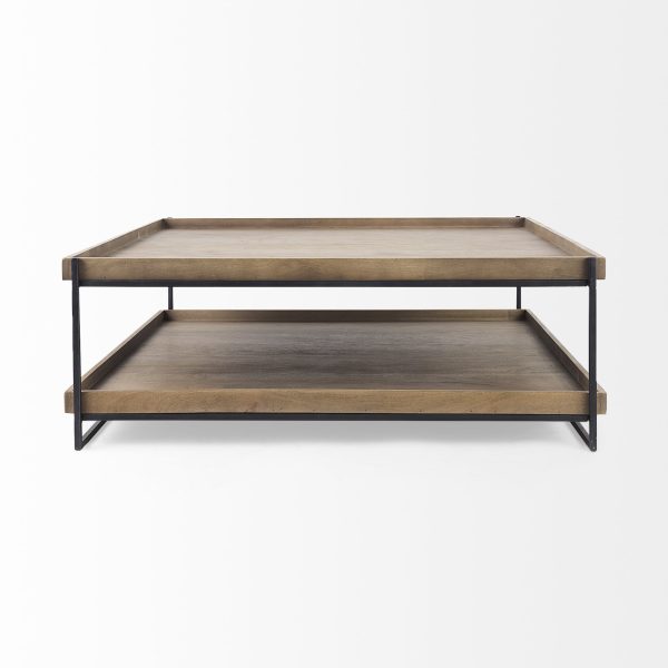 Trey 48x46 Rectangular Brown Solid Wood Top Table Black Metal Frame Two Tier Coffee Table 3
