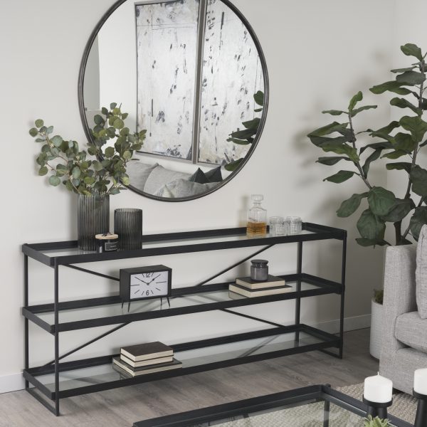 Trey 72.0L x 16.0W x 30.0H Black Metal WGlass Console Table 2