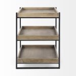 Trey III 20" x 26" Square Medium Brown Wooden Three-Tiered Black Iron Frame End/Side Table