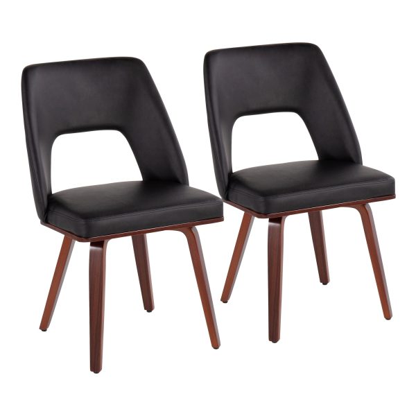 Triad Mid Century Modern Walnut Bamboo Black Faux Leather Chairs Set of 2 1