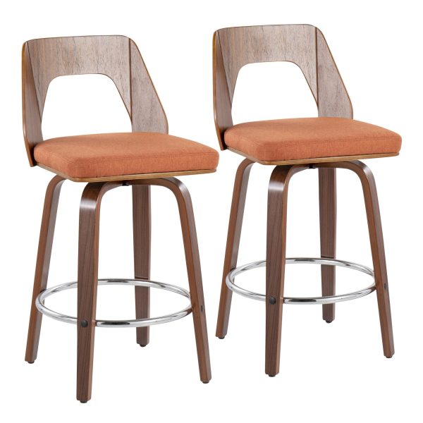 Trilogy Orange Fabric Walnut Mid Century Modern Counter Stools Set of 2 1