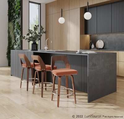 Trilogy Orange Fabric Walnut Mid-Century Modern Counter Stools (Set of 2)