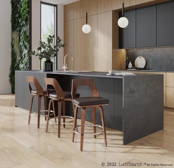 Trilogy Walnut Brown Faux Leather Mid Century Modern Counter Stools Set of 2