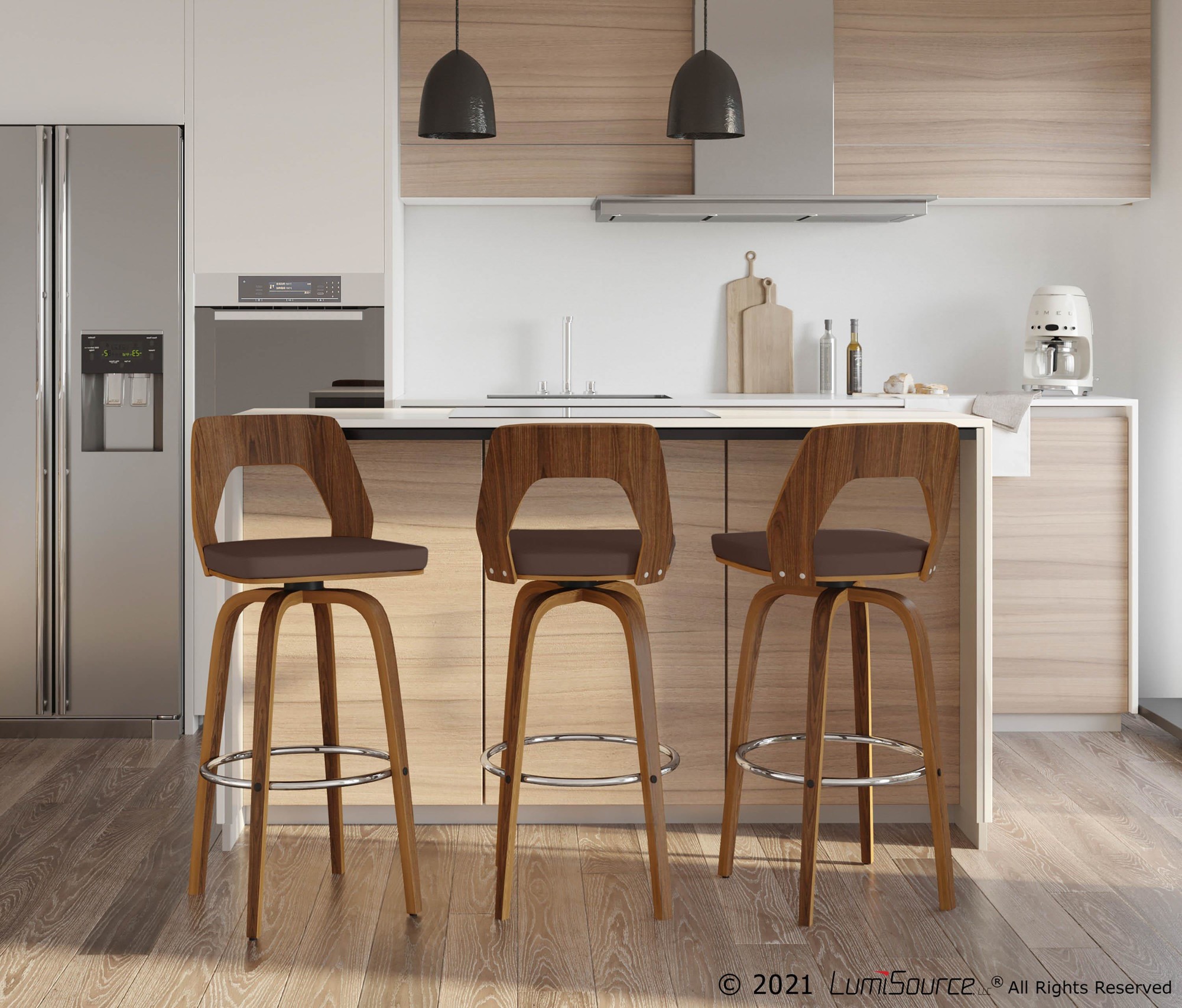 Trilogy Walnut and Brown Mid-Century Modern Barstools (Set of 2) 2 Trilogy Walnut and Brown Mid-Century Modern Barstools (Set of 2) - Image 2