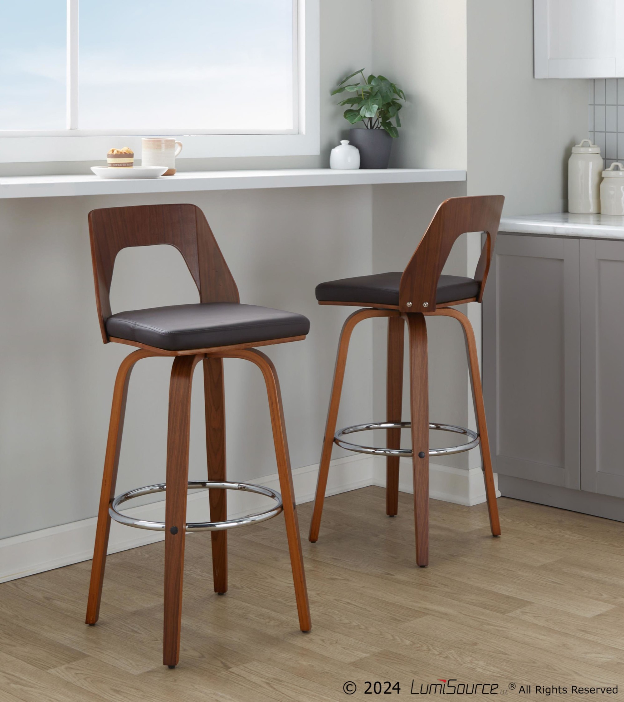 Trilogy Walnut and Brown Mid-Century Modern Barstools (Set of 2) 3 Trilogy Walnut and Brown Mid-Century Modern Barstools (Set of 2) - Image 3