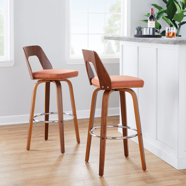 Trilogy Walnut and Orange Mid Century Modern Barstools Set of 2 1