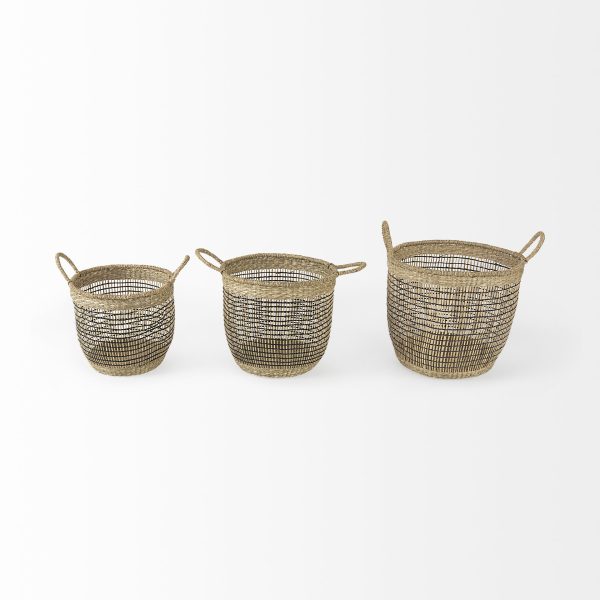 Triopas 15.7L x 15.7W x 13.4H Set of 3 Medium Brown Seagrass Round Basket W Handles 2