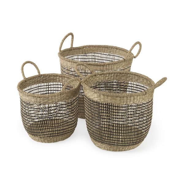 Triopas 15.7L x 15.7W x 13.4H Set of 3 Medium Brown Seagrass Round Basket W Handles