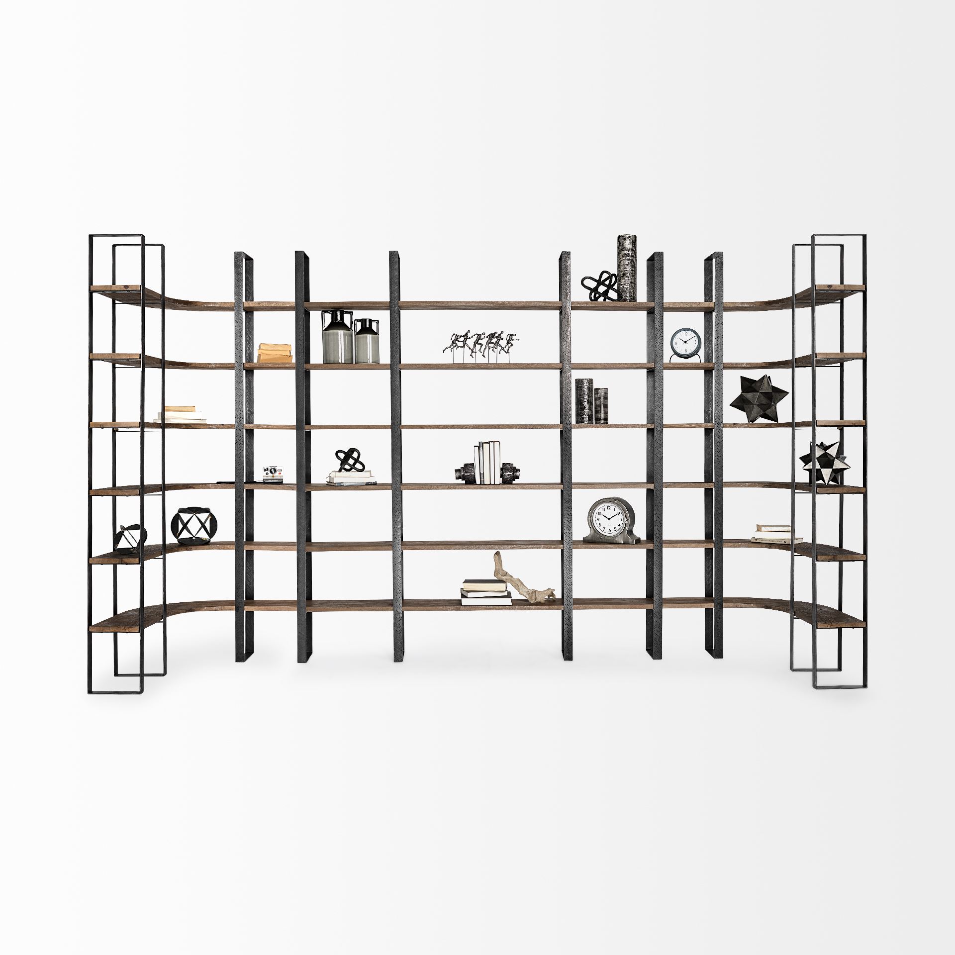 Turner II 37L x 10.5W x 90H Curved Dark Brown Wood And Black Iron Six Shelving Unit 11 Turner II 37L x 10.5W x 90H Curved Dark Brown Wood And Black Iron Six Shelving Unit - Image 11