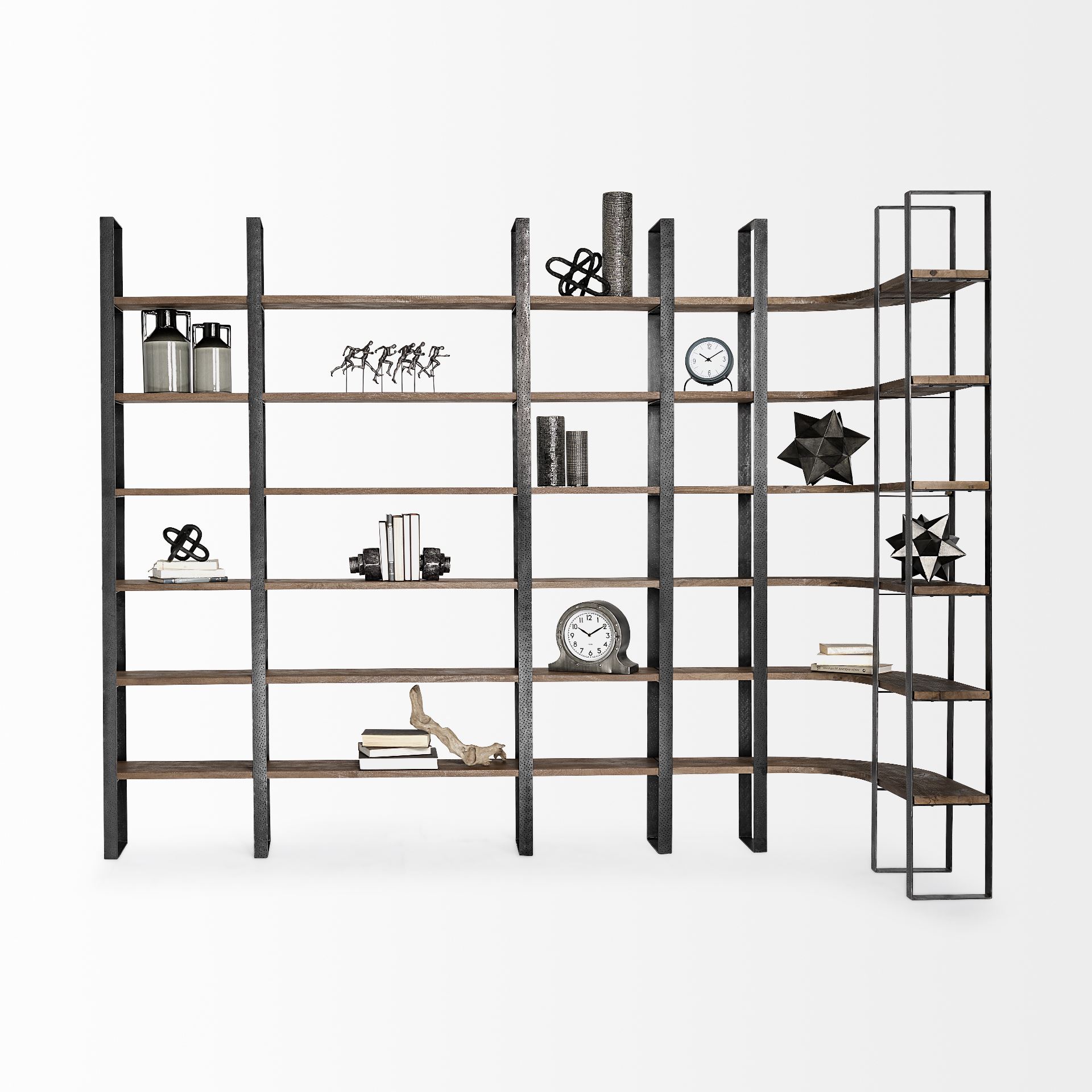 Turner II 37L x 10.5W x 90H Curved Dark Brown Wood And Black Iron Six Shelving Unit 3 Turner II 37L x 10.5W x 90H Curved Dark Brown Wood And Black Iron Six Shelving Unit - Image 3