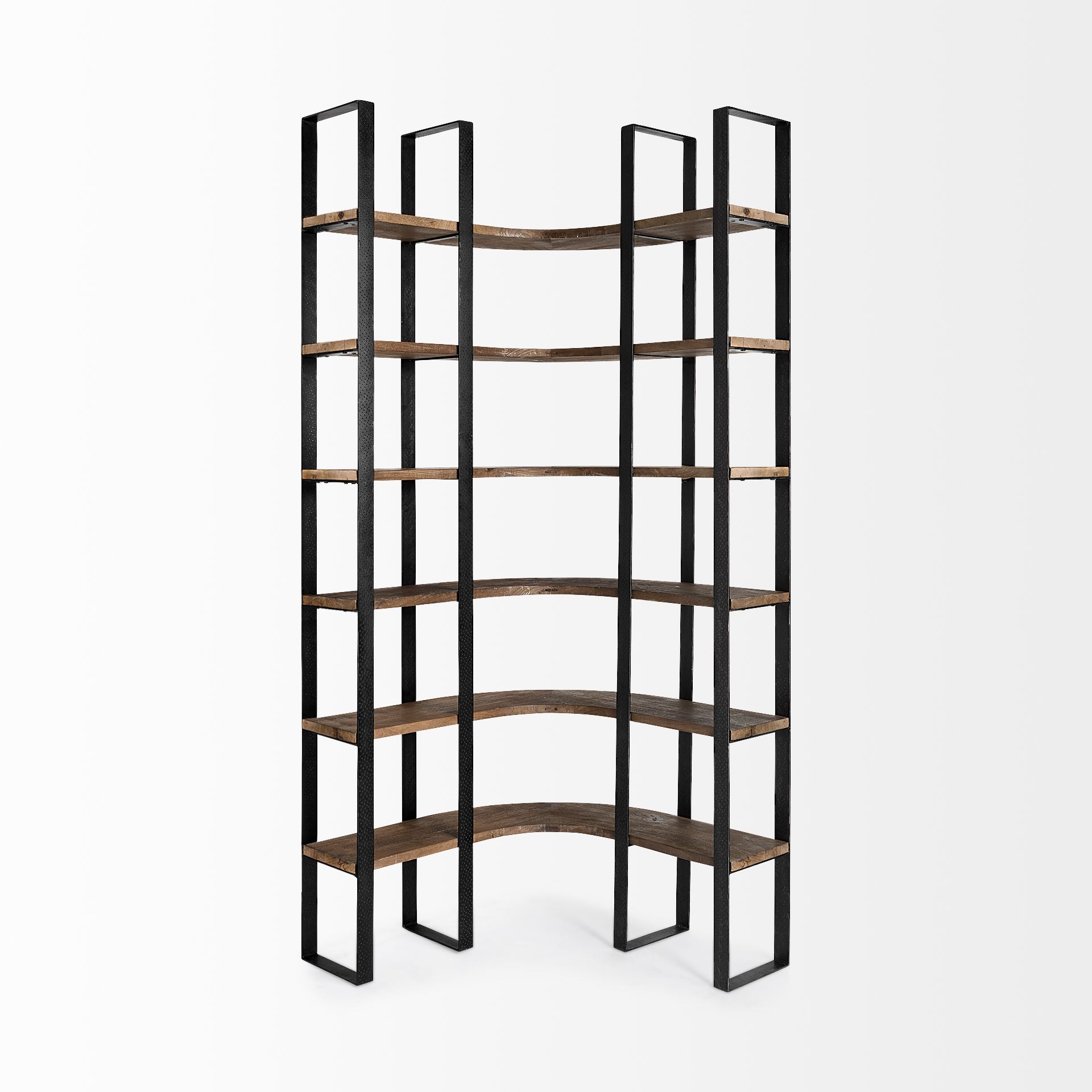 Turner II 37L x 10.5W x 90H Curved Dark Brown Wood And Black Iron Six Shelving Unit 4 Turner II 37L x 10.5W x 90H Curved Dark Brown Wood And Black Iron Six Shelving Unit - Image 4