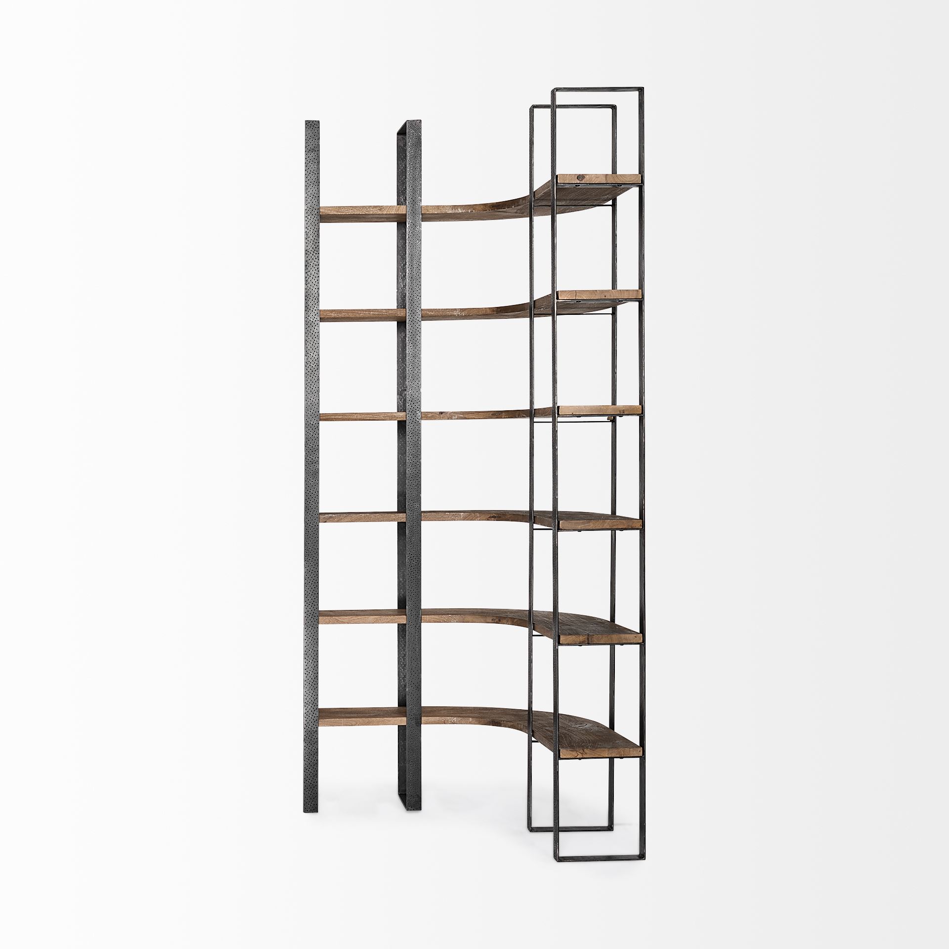 Turner II 37L x 10.5W x 90H Curved Dark Brown Wood And Black Iron Six Shelving Unit 5 Turner II 37L x 10.5W x 90H Curved Dark Brown Wood And Black Iron Six Shelving Unit - Image 5