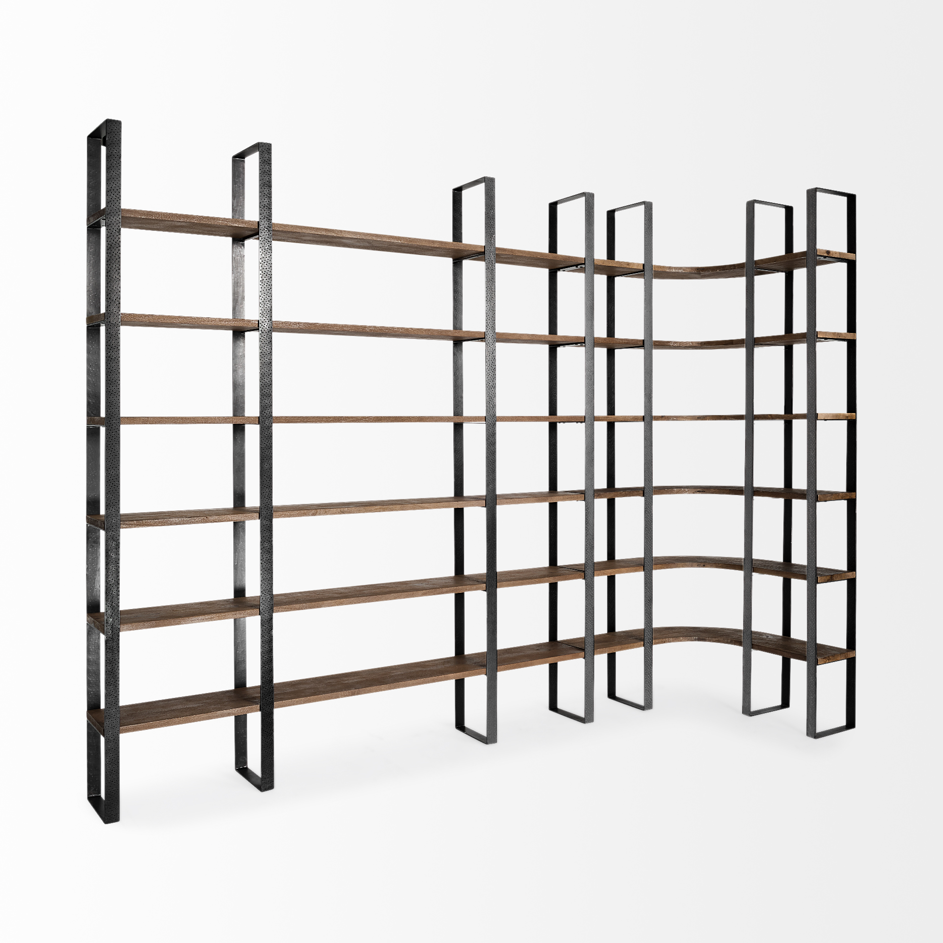 Turner II 37L x 10.5W x 90H Curved Dark Brown Wood And Black Iron Six Shelving Unit 6 Turner II 37L x 10.5W x 90H Curved Dark Brown Wood And Black Iron Six Shelving Unit - Image 6