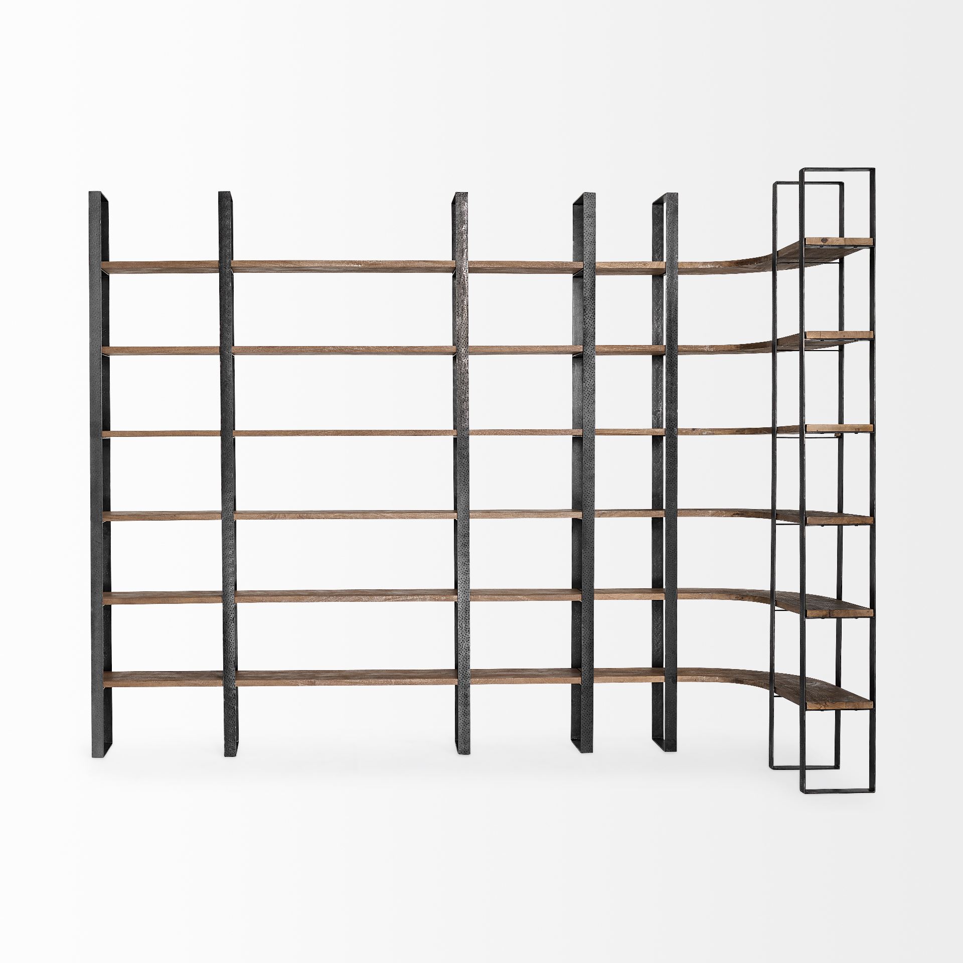 Turner II 37L x 10.5W x 90H Curved Dark Brown Wood And Black Iron Six Shelving Unit 7 Turner II 37L x 10.5W x 90H Curved Dark Brown Wood And Black Iron Six Shelving Unit - Image 7