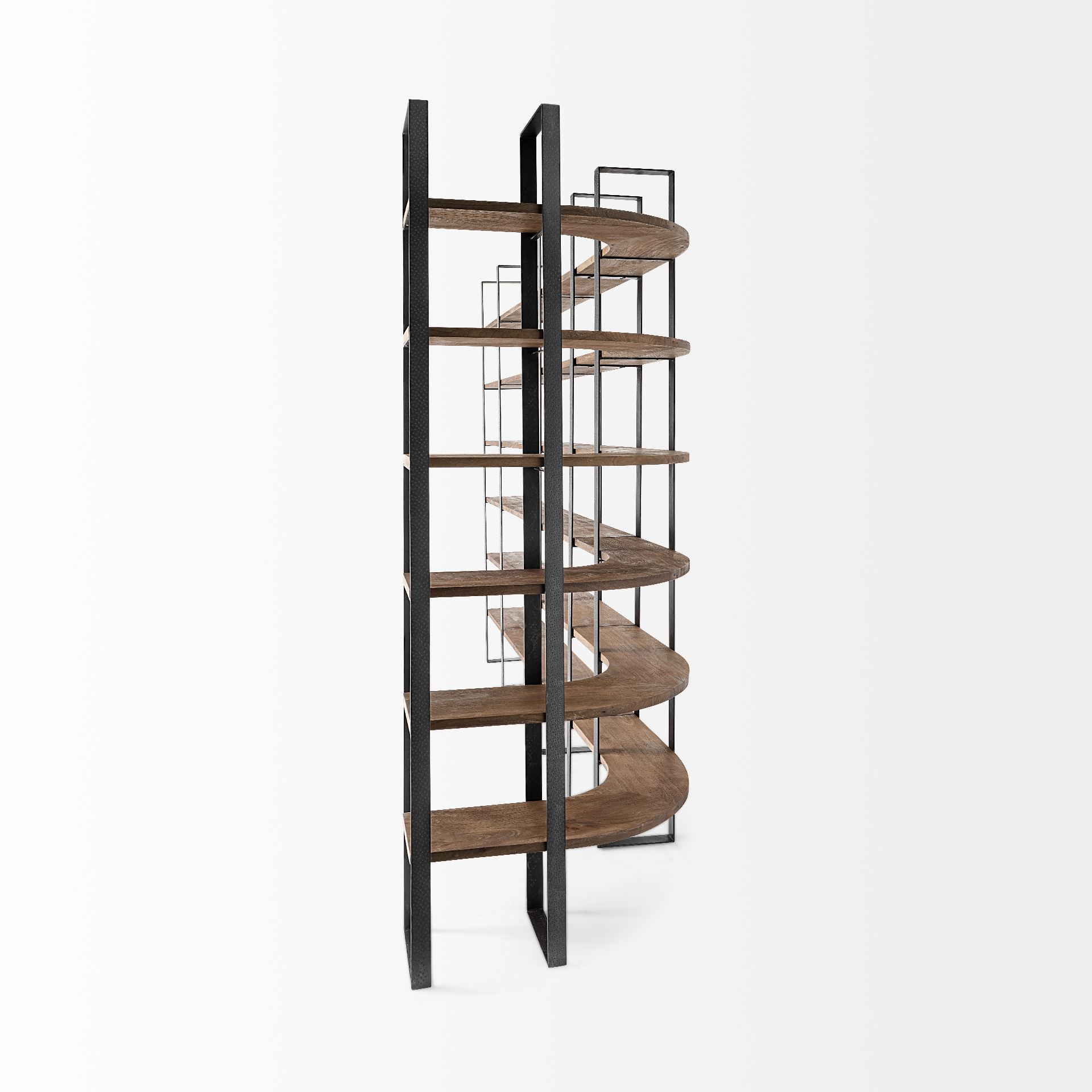 Turner II 37L x 10.5W x 90H Curved Dark Brown Wood And Black Iron Six Shelving Unit 8 Turner II 37L x 10.5W x 90H Curved Dark Brown Wood And Black Iron Six Shelving Unit - Image 8