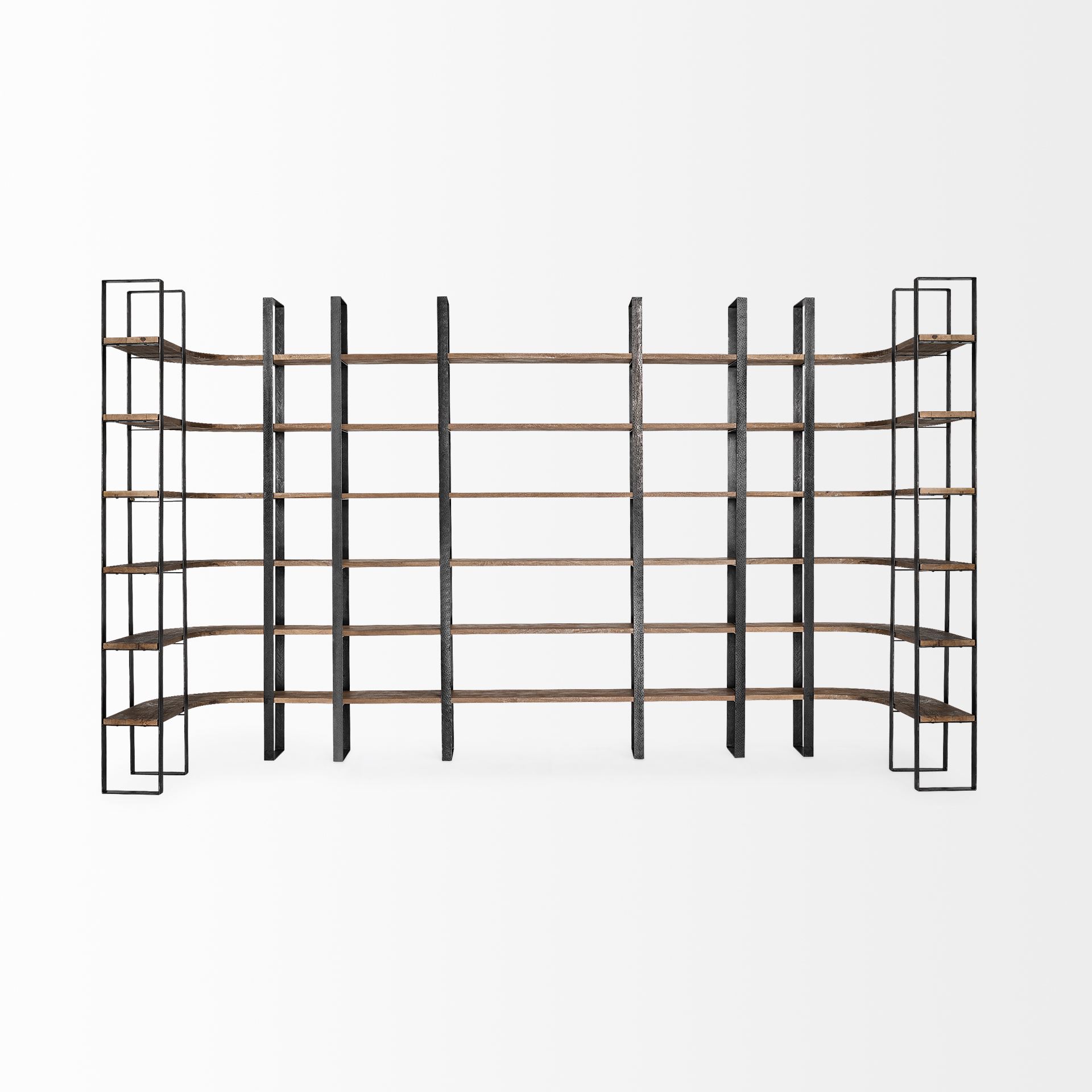 Turner II 37L x 10.5W x 90H Curved Dark Brown Wood And Black Iron Six Shelving Unit 9 Turner II 37L x 10.5W x 90H Curved Dark Brown Wood And Black Iron Six Shelving Unit - Image 9
