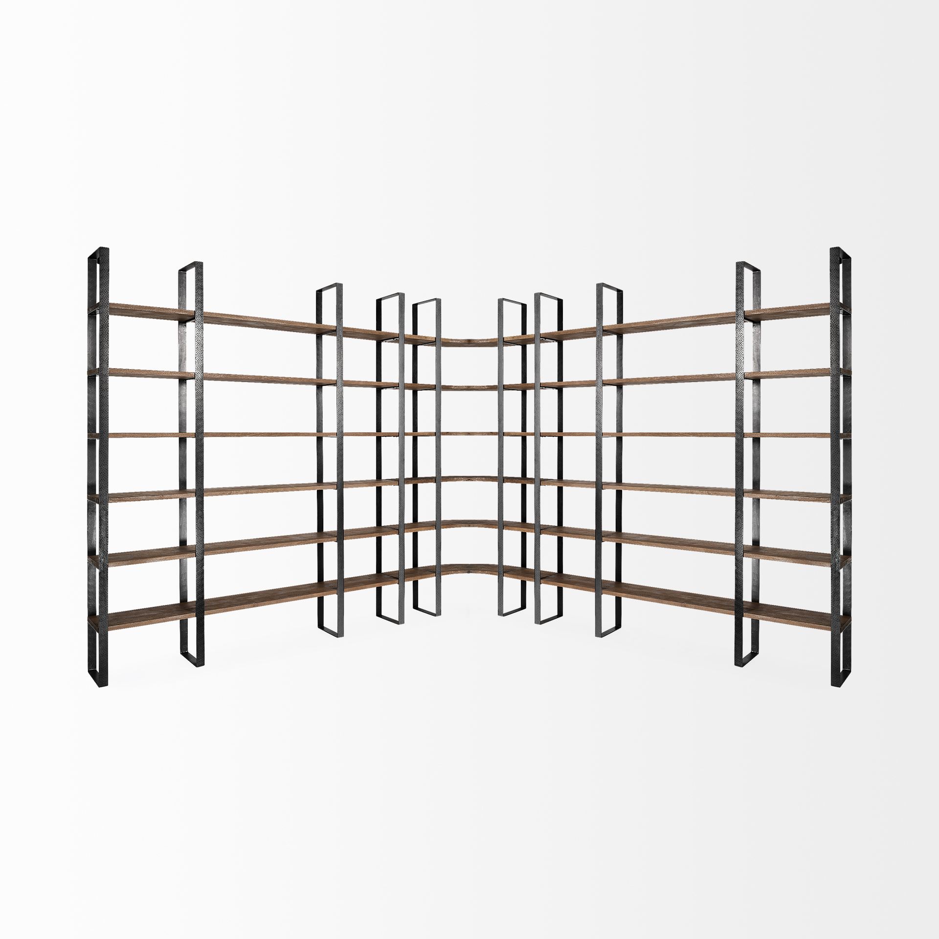 Turner II 37L x 10.5W x 90H Curved Dark Brown Wood And Black Iron Six Shelving Unit 10 Turner II 37L x 10.5W x 90H Curved Dark Brown Wood And Black Iron Six Shelving Unit - Image 10