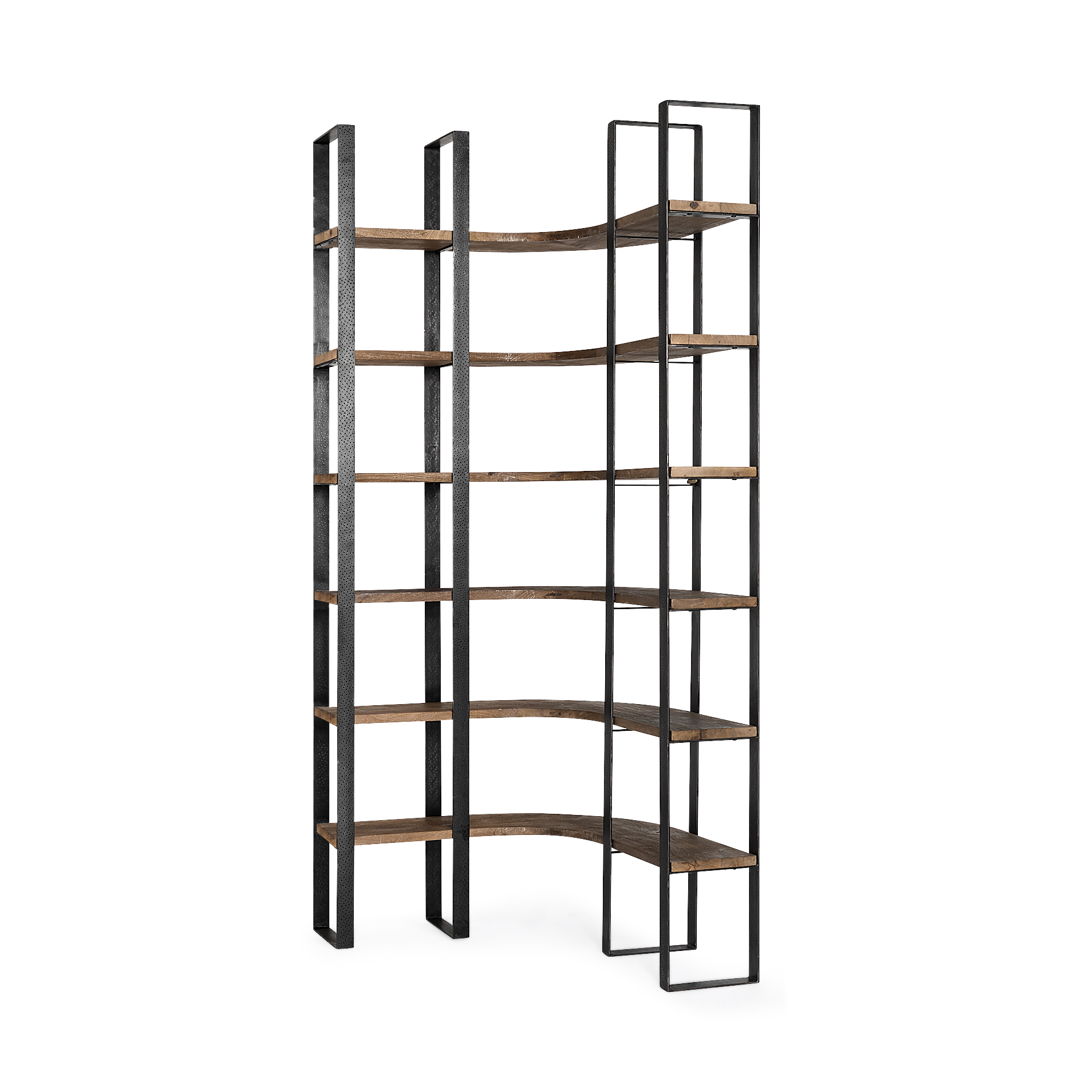 Turner II 37L x 10.5W x 90H Curved Dark Brown Wood And Black Iron Six Shelving Unit 1 Turner II 37L x 10.5W x 90H Curved Dark Brown Wood And Black Iron Six Shelving Unit