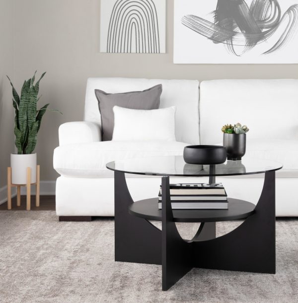 U Shaped Black Wood Contemporary Glass Coffee Table