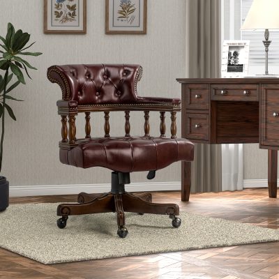 Uberto Burgundy Genuine Leather Button Tufted Swivel Executive Chair