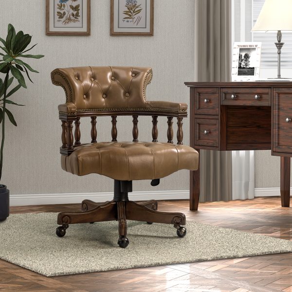 Uberto Camel Genuine Leather Button Tufted Swivel Executive Chair