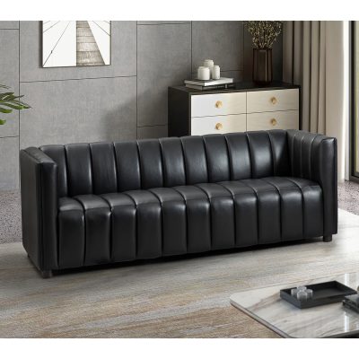 Ulysses Black Genuine Leather Channel-Tufted Modern Sofa