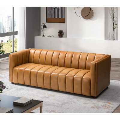 Ulysses Camel Genuine Leather Channel Tufted Modern Sofa