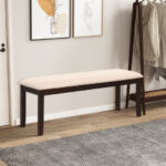 Beige Upholstered Ottoman Bench with Padded Cushion and Wood Frame