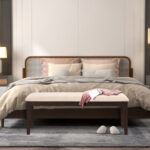 Beige Upholstered Ottoman Bench with Padded Cushion and Wood Frame