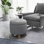 Gray Upholstered Round Ottoman with Hidden Storage and Rubber Feet 8 Gray Upholstered Round Ottoman with Hidden Storage and Rubber Feet