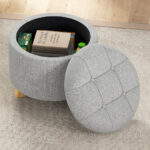 Gray Upholstered Round Ottoman with Hidden Storage and Rubber Feet 9 Gray Upholstered Round Ottoman with Hidden Storage and Rubber Feet