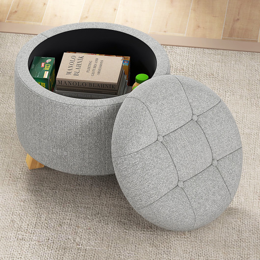 Gray Upholstered Round Ottoman with Hidden Storage and Rubber Feet 2 Gray Upholstered Round Ottoman with Hidden Storage and Rubber Feet - Image 2