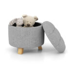 Gray Upholstered Round Ottoman with Hidden Storage and Rubber Feet 10 Gray Upholstered Round Ottoman with Hidden Storage and Rubber Feet