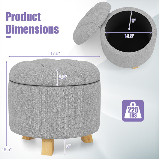 Gray Upholstered Round Ottoman with Hidden Storage and Rubber Feet 5 Gray Upholstered Round Ottoman with Hidden Storage and Rubber Feet - Image 5