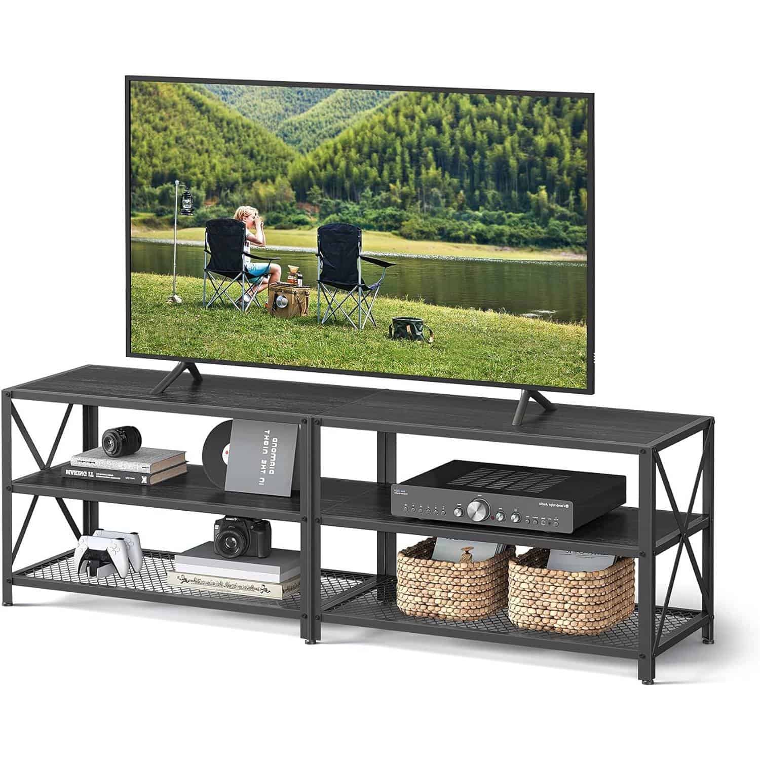 Industrial Black Metal and Wood TV Stand for 70-inch TVs 1 Industrial Black Metal and Wood TV Stand for 70-inch TVs