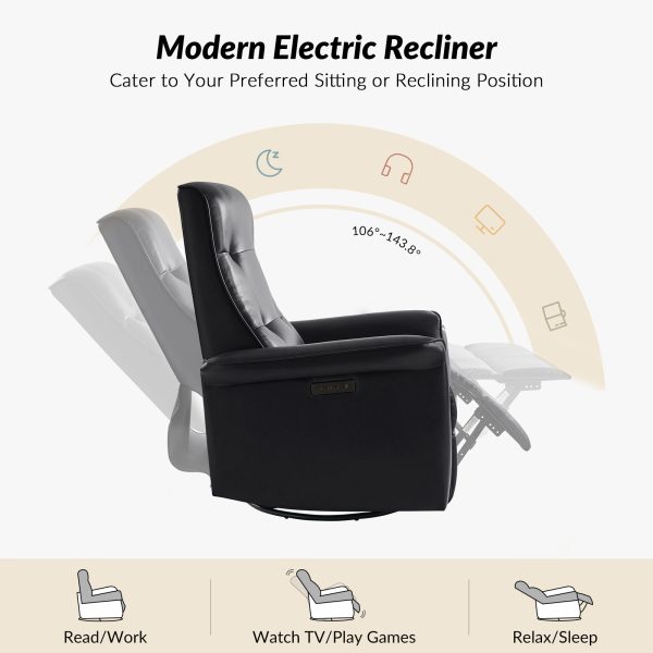 Valentin Black Vegan Leather Swivel Rocking Power Recliner USB 2