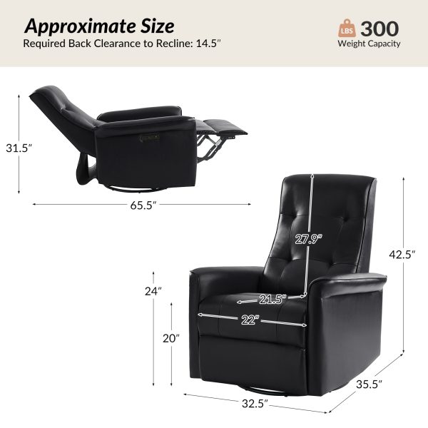 Valentin Black Vegan Leather Swivel Rocking Power Recliner USB 4