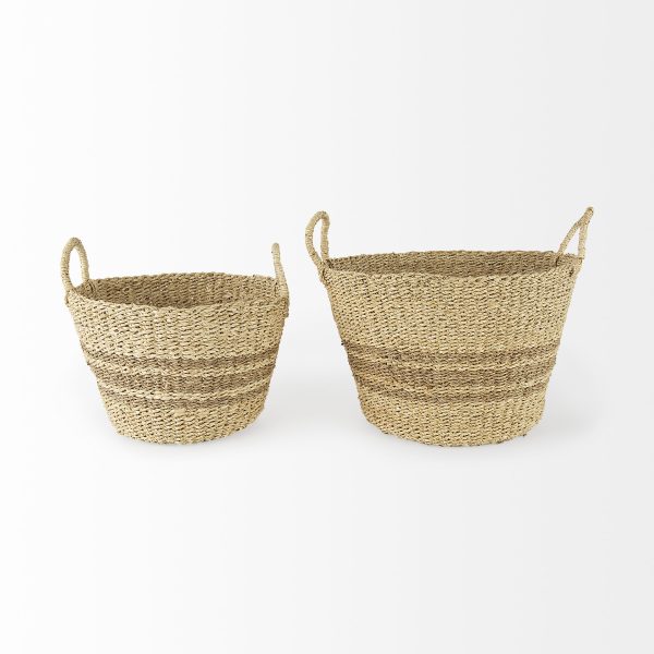 Vance 17.7L x 17.7W x 11.8H Light Brown Palm Leaf and Seagrass Round Basket W Handles 1