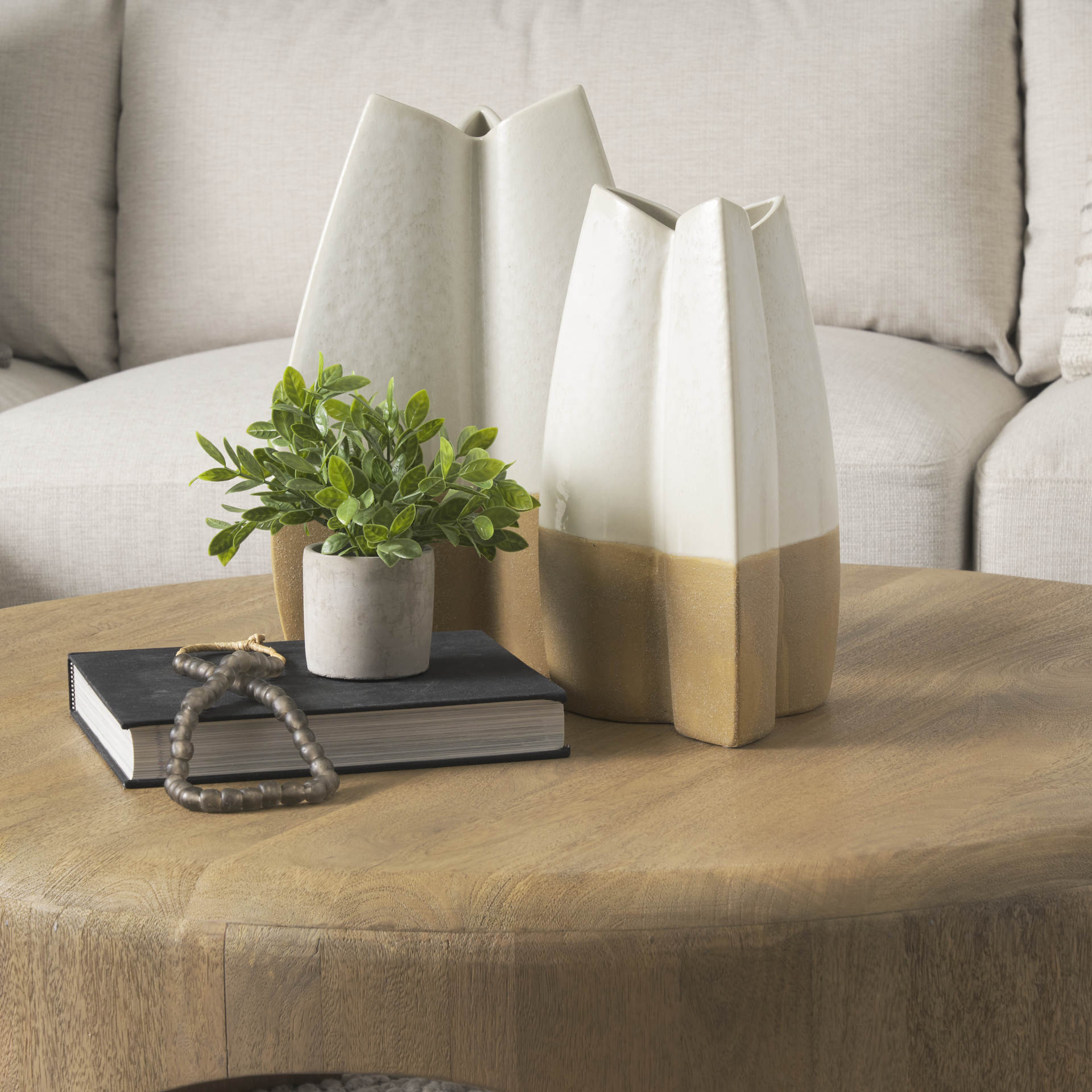 Vania Large Off White w/ Tan Textured Ceramic Vase 2 Vania Large Off White w/ Tan Textured Ceramic Vase - Image 2