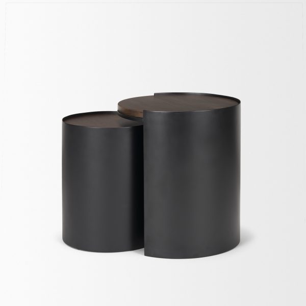 Varden Matte Black Metal w Dark Brown Wood Top Nesting Accent Tables 6