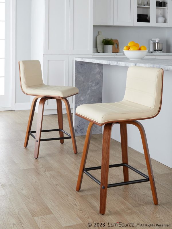 Vasari 24 Mid Century Modern Walnut Cream Swivel Stools Set of 2 1