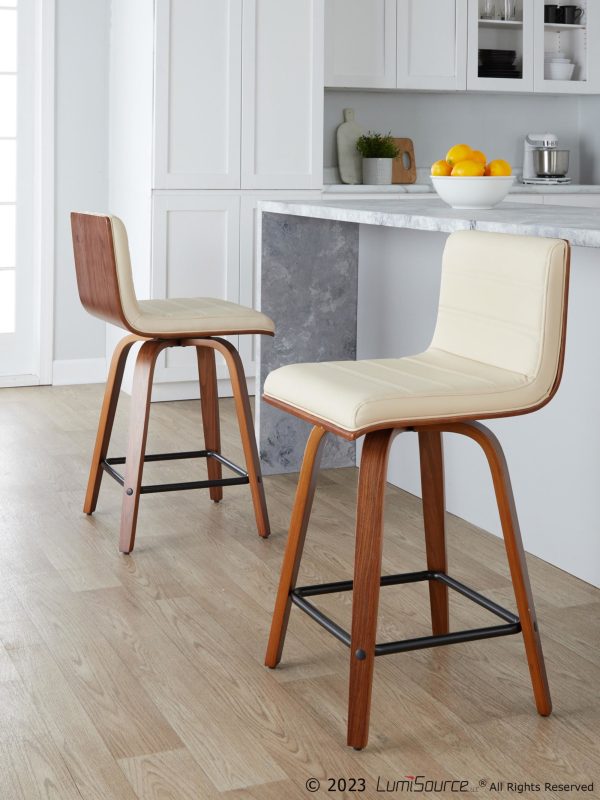 Vasari 24 Mid Century Modern Walnut Cream Swivel Stools Set of 2