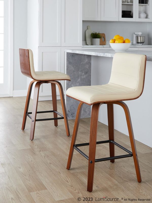 Vasari 26 Mid Century Modern Walnut Cream Swivel Stools Set of 2 1