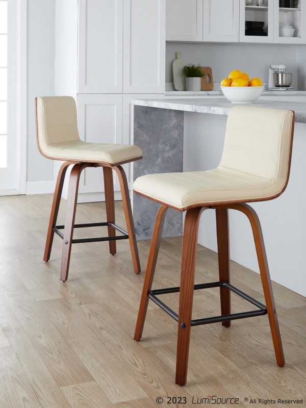Vasari 26 Mid Century Modern Walnut Cream Swivel Stools Set of 2