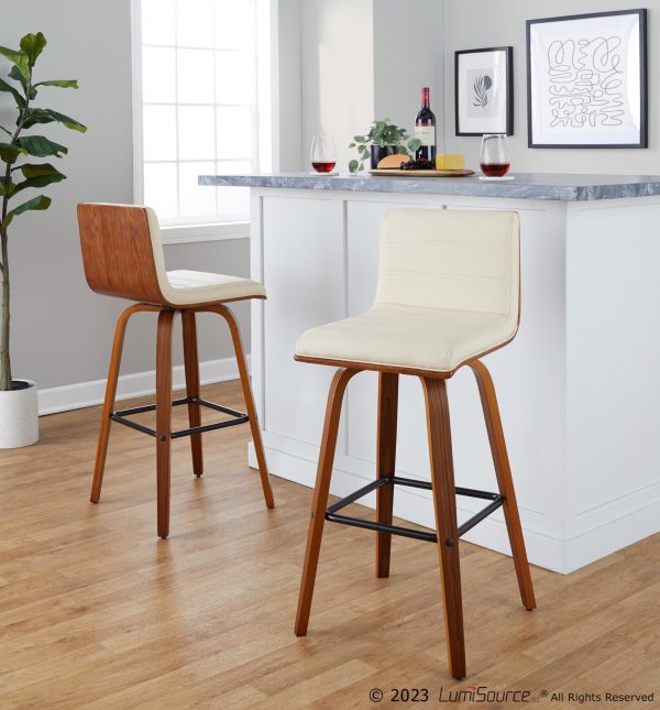 Vasari 30 Mid Century Modern Walnut Cream Swivel Barstools Set of 2 1