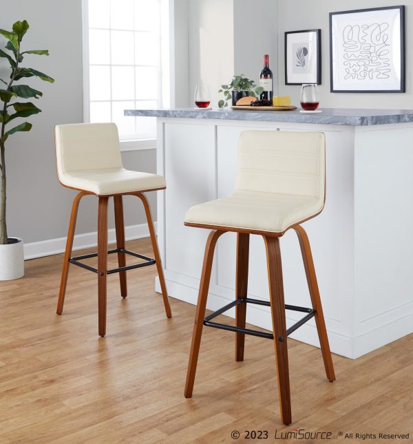 Vasari 30 Mid Century Modern Walnut Cream Swivel Barstools Set of 2