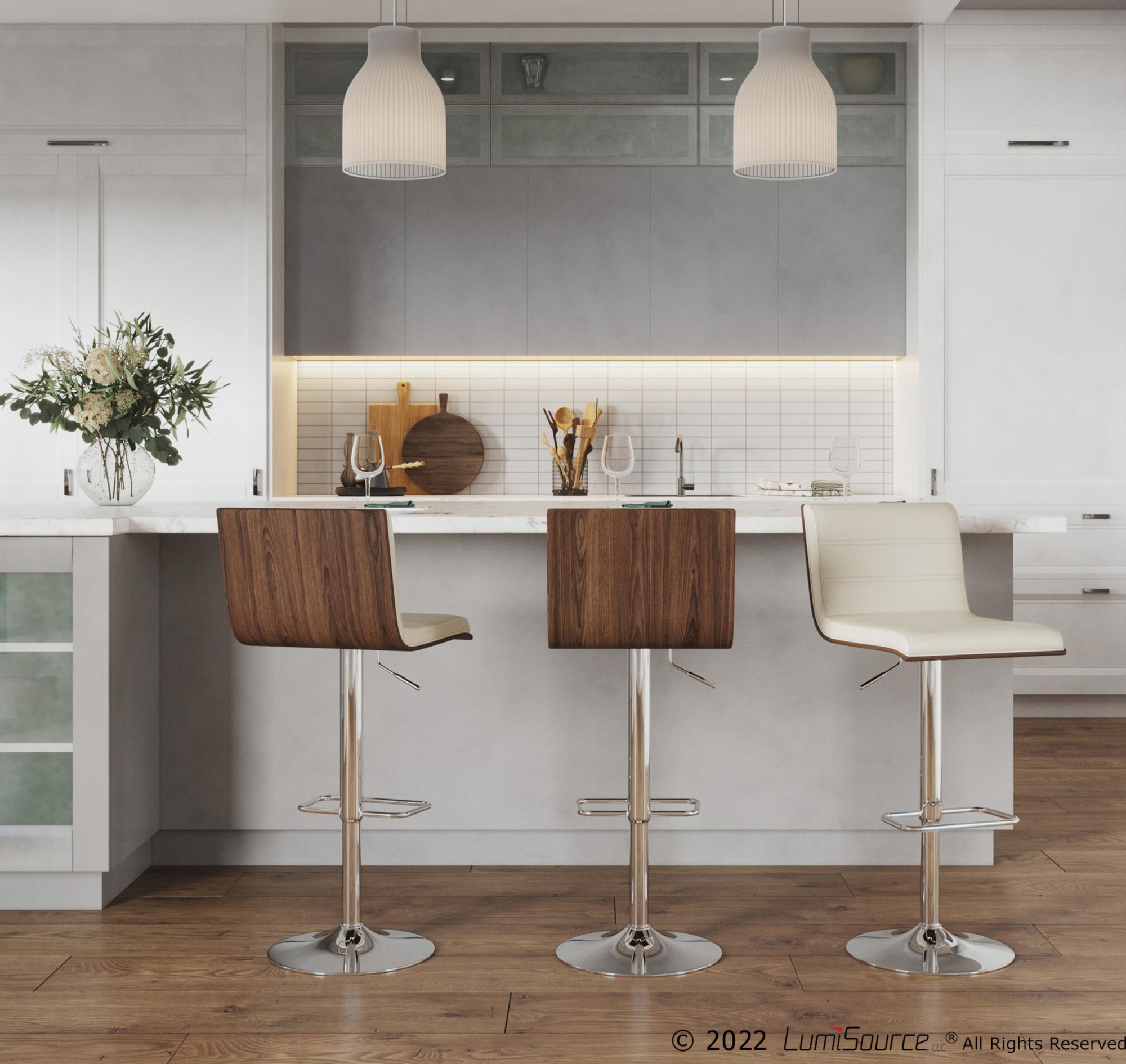 Vasari Mid-Century Modern Swivel Barstool Chrome Walnut Cream (Set of 2) 2 Vasari Mid-Century Modern Swivel Barstool Chrome Walnut Cream (Set of 2) - Image 2