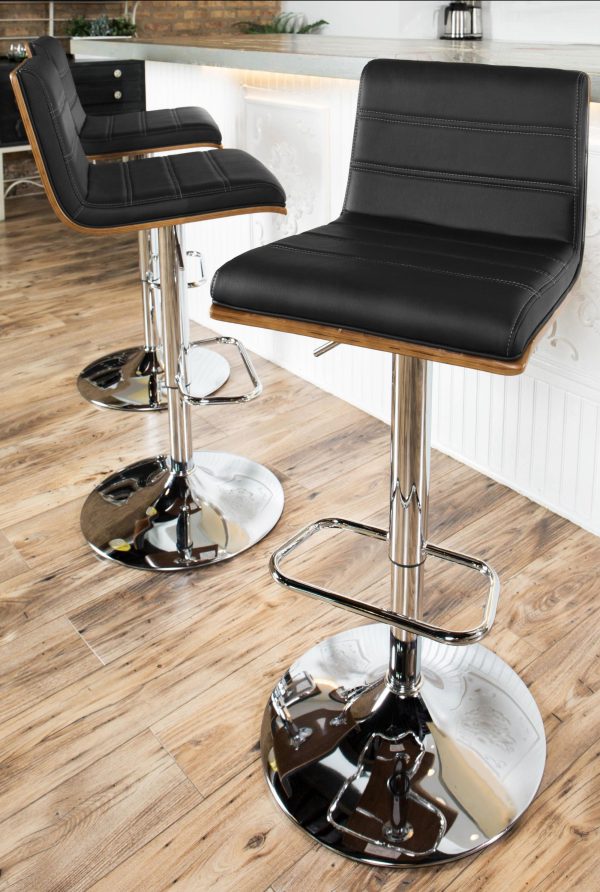 Vasari Walnut and Black Faux Leather Mid Century Modern Barstool